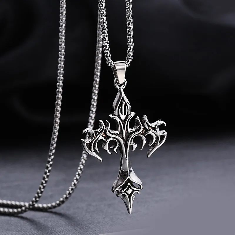 Chokers Fashion Vintage Flame Cross Pendant Necklace For Women Men Long Chain Punk Goth Trendy Accessories Choker Gothic Jewelry 230926