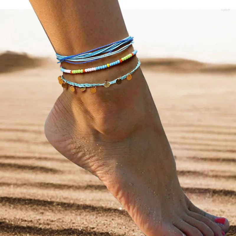 Anklets 3st/set Multi Layered Pärledhänge Ankle Chains Boho Handgjorda flätade blå rep Anklet för kvinnor Summer Beach Foot Jewelry