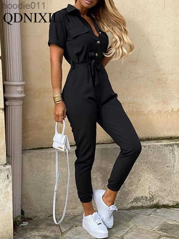 Damen Jumpsuits Strampler Neue Sommer Overall Frauen Elegante Casual Revers Schnalle Gedruckt Weibliche Overall Frau Hosen Playsuit Overalls Bodysuit Strampler L230926