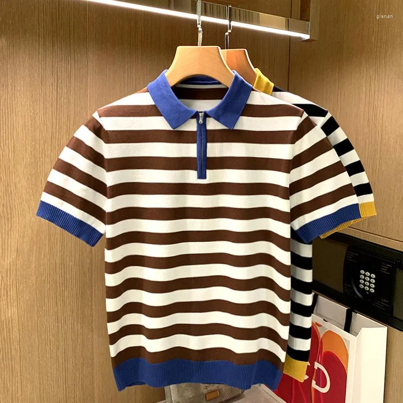 Men's Polos Male Brand Summer Oversized Polo Shirt Men 2023 Turn-down Collar Short-sleeved Casual Stripe Slim Clothing G112