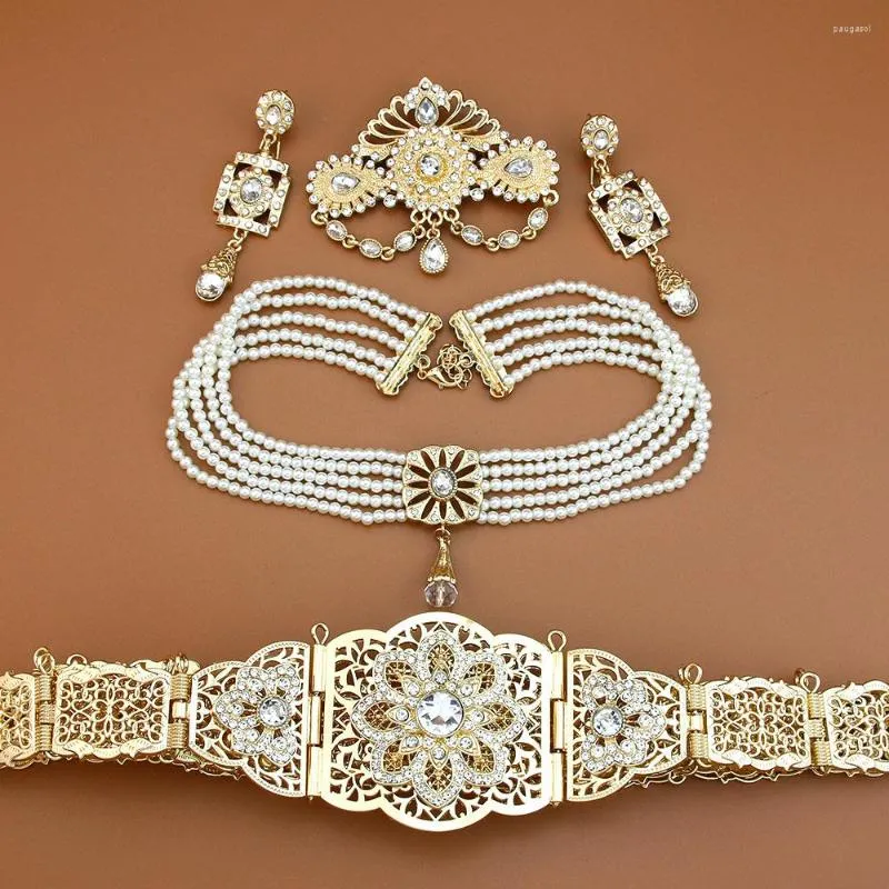 Sunspicems – ensemble de boucles d'oreilles et collier pour femmes, mariée arabe, couleur or, ras du cou, Caftan, ceinture de taille, broche marocaine