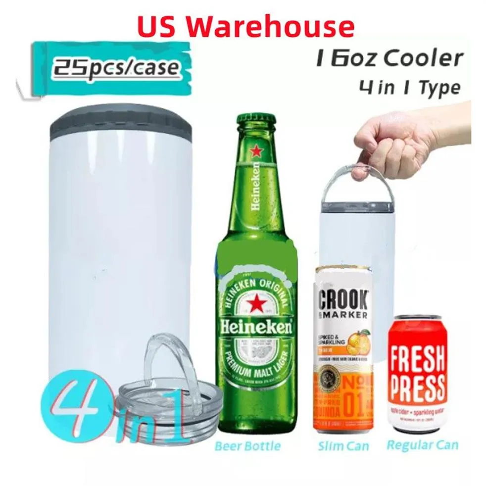 US Warehouse 16oz Sublimation Cooler Tumblers 4 in 1 Double Wall Stainless Steel Vacuum Insulated Coolers With two Lids DIY Blank 301S