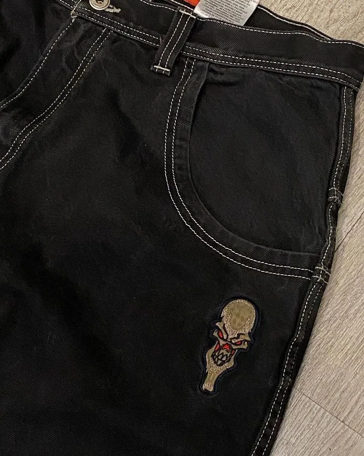 Skull Embroidered Wide Leg Jeans - Retro Y2K Streetwear