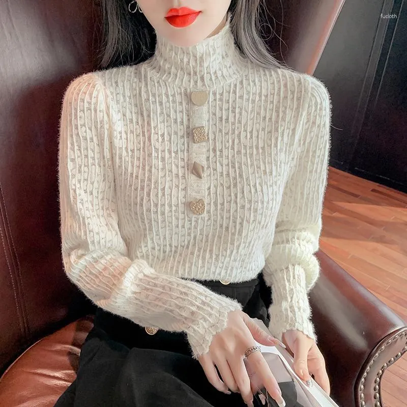 Kvinnors blusar Autumn Winter 2023 Women Blue Turtleneck Lace Pullover Topps Korean Bottom Shirt Fashion Cloth Chic Blusas 17708