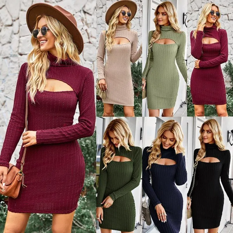 Sukienki swobodne jesienne zimowe kobiety Sweter Swetek seksowna pusta na dół o długim rękawie mini kobieta bodycon