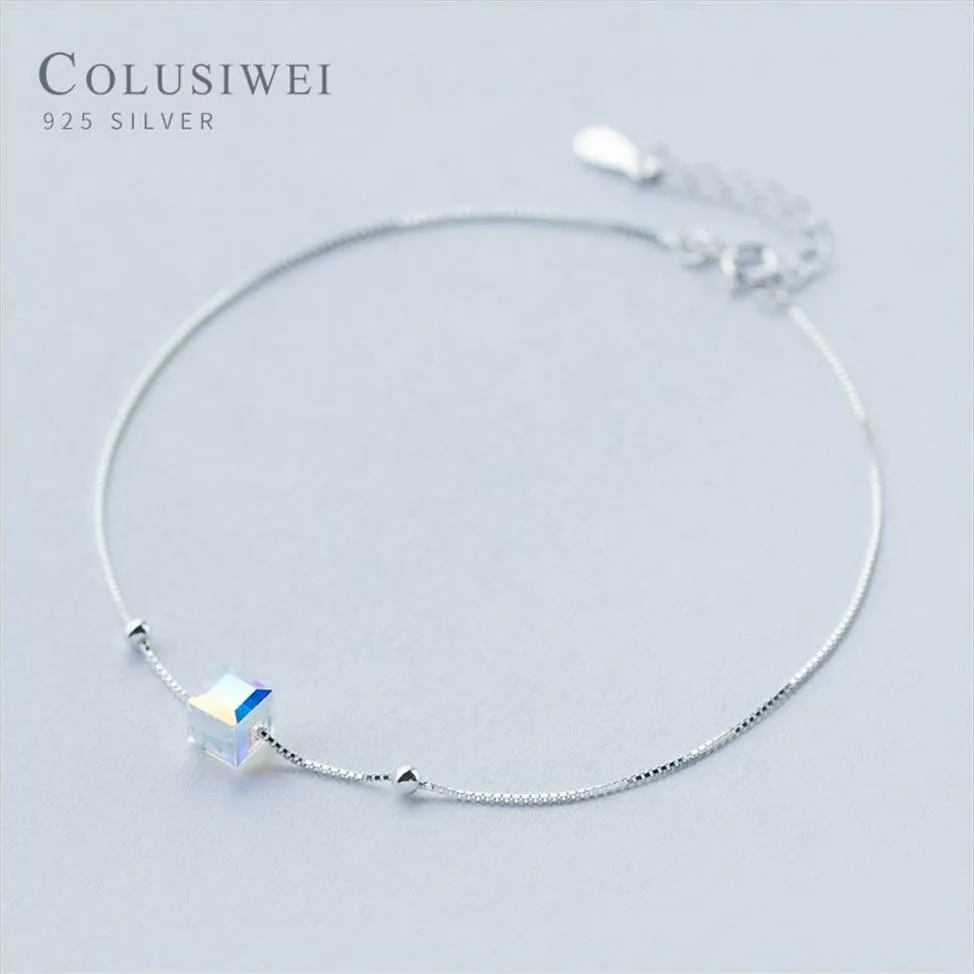 Colusiwei Echtes 925 Sterling Kristall Würfel Silber Fußkettchen für Frauen Charm Armband von Bein Knöchel Fuß Zubehör Fashion325P