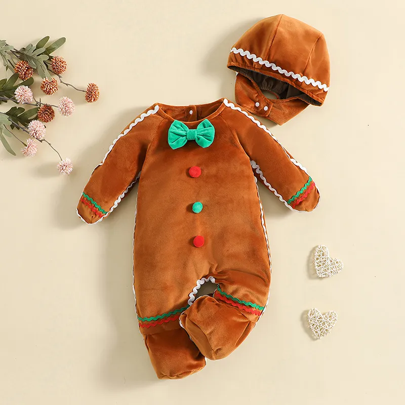 Pagliaccetti nati Baby Gingerbread Man Pagliaccetti Cappello Natale Bella peluche a maniche lunghe Tuta con piedi per neonato Ragazza Ragazzo Costume 230925