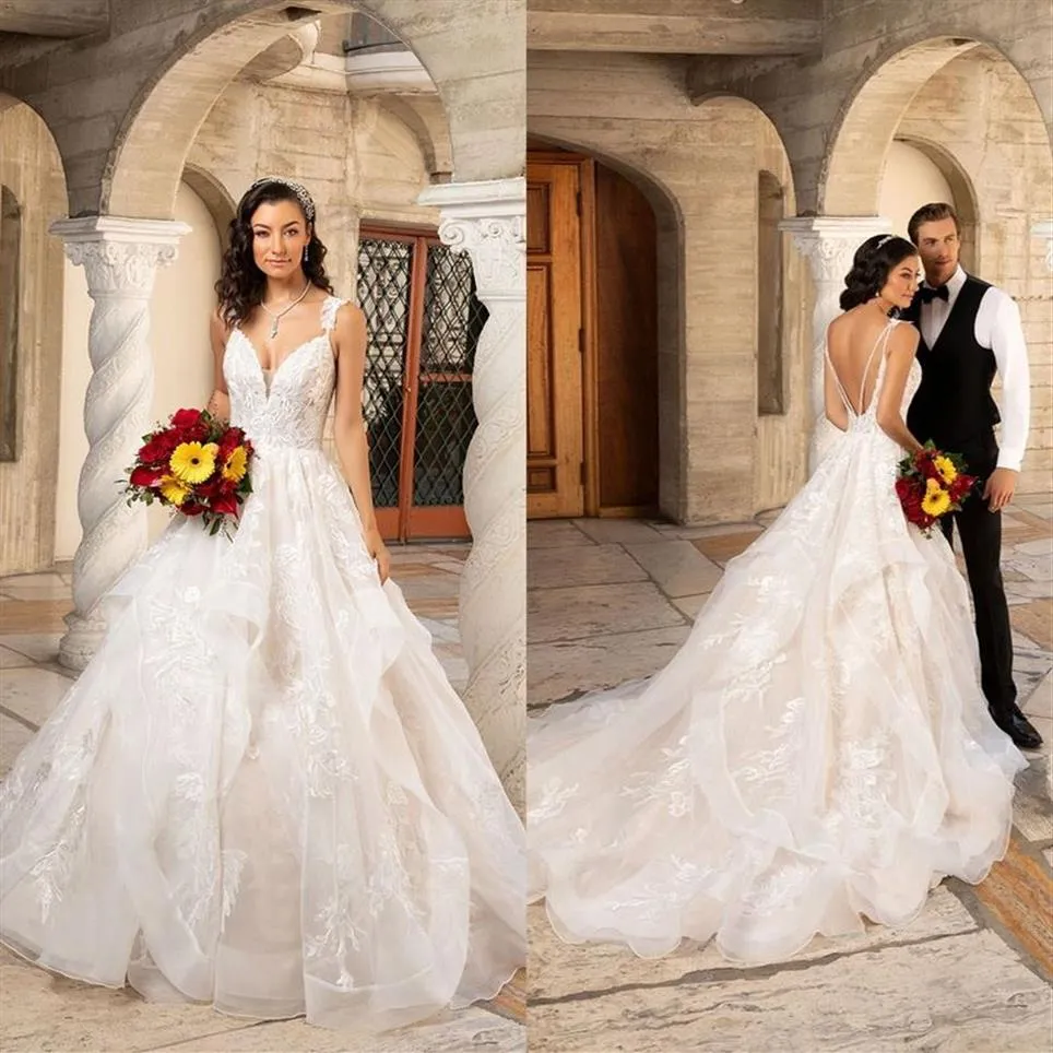 Kitty Chen 2021 robes de mariée col en V dentelle appliques une ligne robes de mariée bouton dos balayage train robe de mariée robes de Novia272S