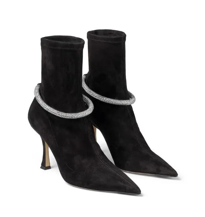 Marca de inverno Top Luxury LEROY Ankle Boots Femininas Botas de bico fino com enfeite de cristal Salto alto Marca luxuosa Lady Party Wedding Dress