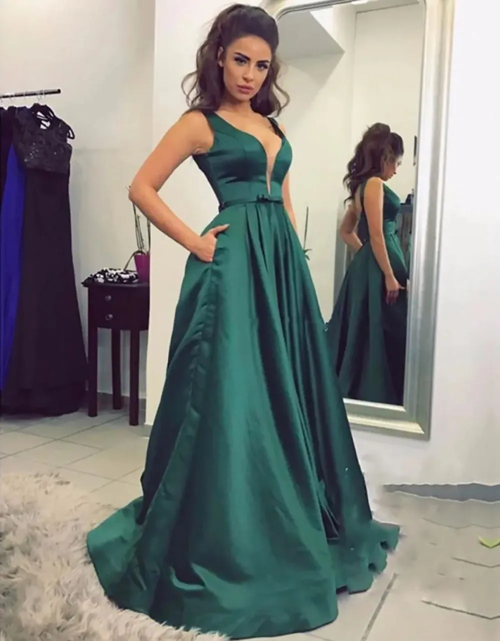 Evening Dresses Dark Green Prom Party Gown Formal New Custom Plus Size Zipper Lace Up Sleeveless A Line V-Neck Satin Pockets Bow