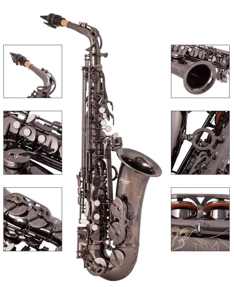 Mib sassofono contralto Sax Ottone laccato Nichel nero 802 Tipo di chiave Strumento a fiato con custodia imbottita Guanti Panno per la pulizia