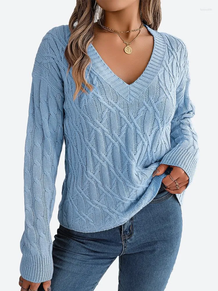 Maglioni da donna Benuynffy Donna con scollo a V Manica lunga Cavo in maglia 2023 Autunno Dolce Casual Spalla abbassata Rosa Grigio Blu Pullover Top