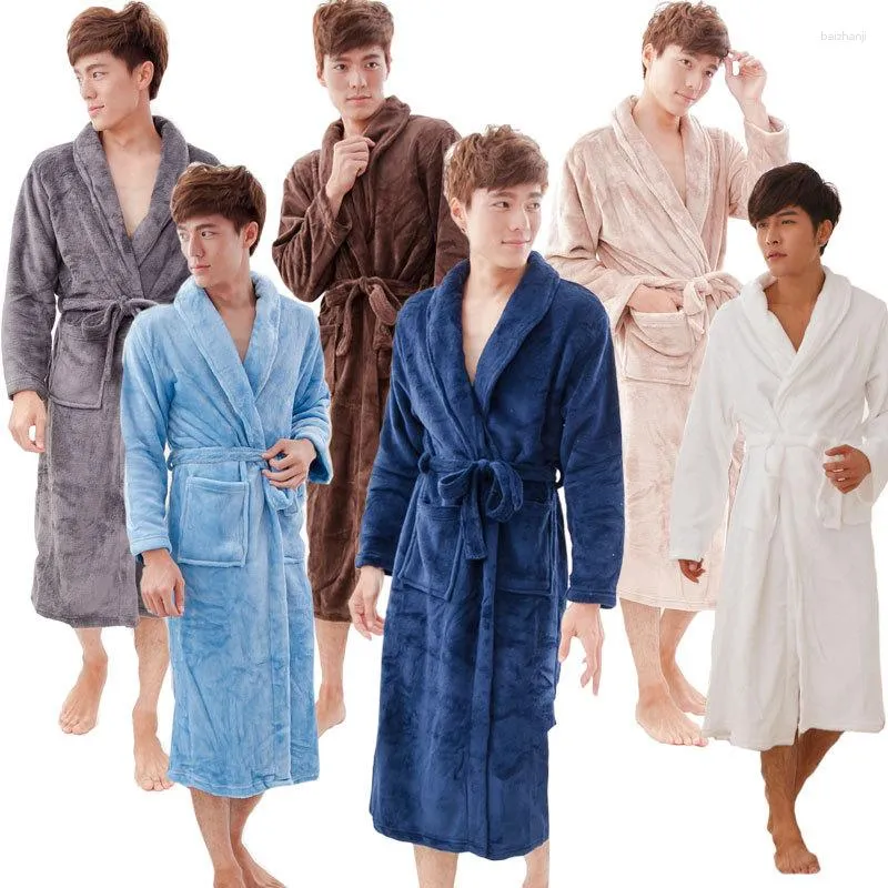 Ropa de dormir para hombres Hombres Baño de franela 2023 Invierno Sólido Bata de felpa Kimono grueso con fajas El Albornoz Mujer Bata