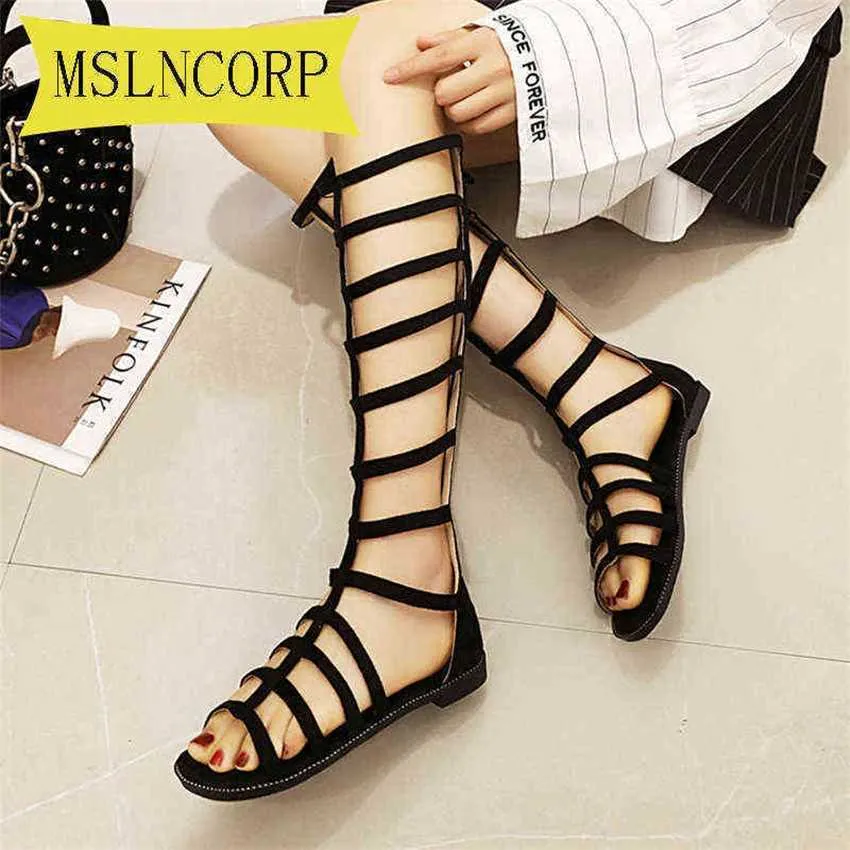 Boots Big Women Shoes Gladiator Sandals Summer Flat Knee High Long Zip Up Boot Hollowed-out for Fashion Ladie 220629