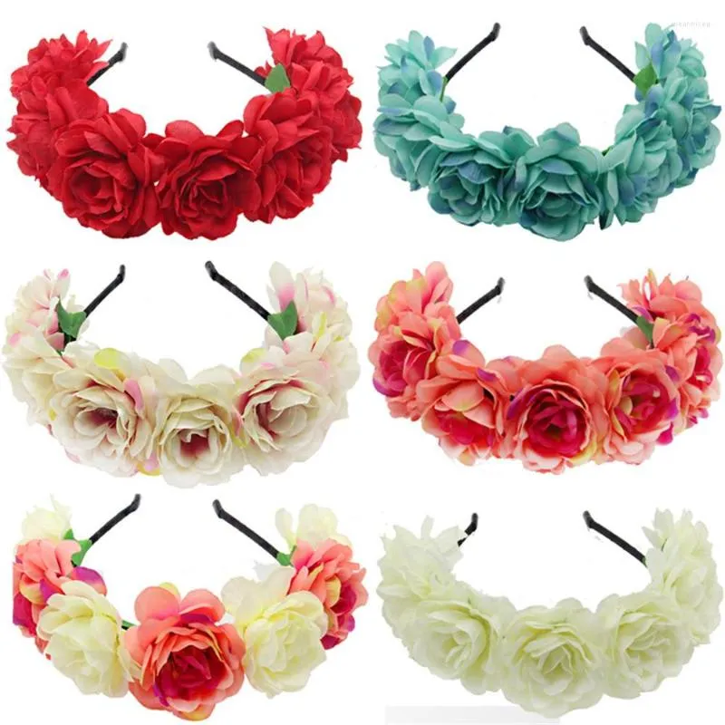 Fleurs décoratives mode femmes mariée bandeau Style mexicain Rose fleur couronne bandeau dames élastique cheveux tête cerceau accessoires