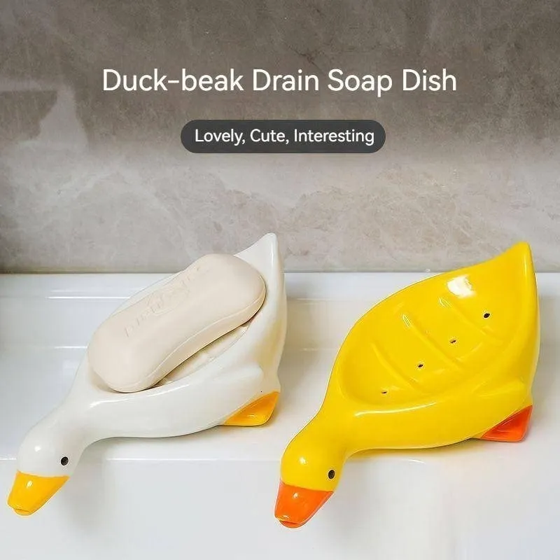 Duck Soap Dish, Cute Duck Beak Drain, Ceramic, White Box Holder