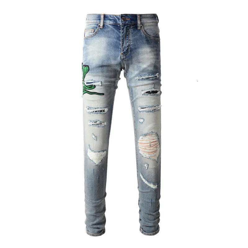 Mens Jeans High Street Fashion Men Retro Washed Blue Stretch Skinny Fit Ripped Leather Patched Designer Hip Hop Brand Pants 230925