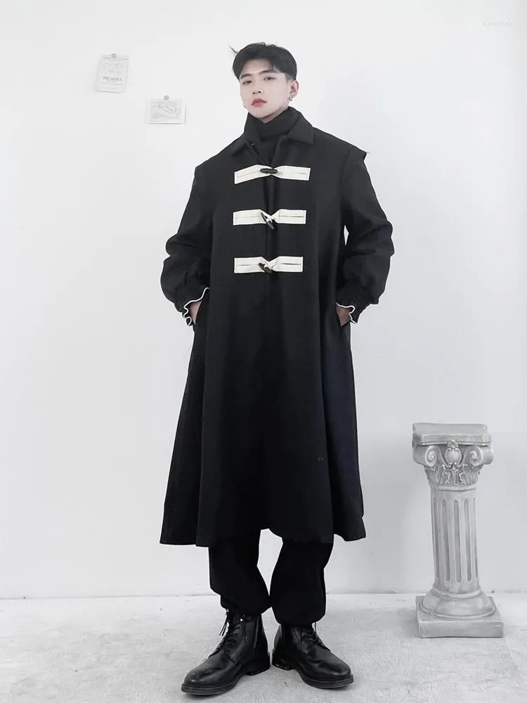 Modna męska modna tweedowa płaszcz zimowy luźna osobowość rozrywka szerokie ramiona wół rogu klamra średnia i długa