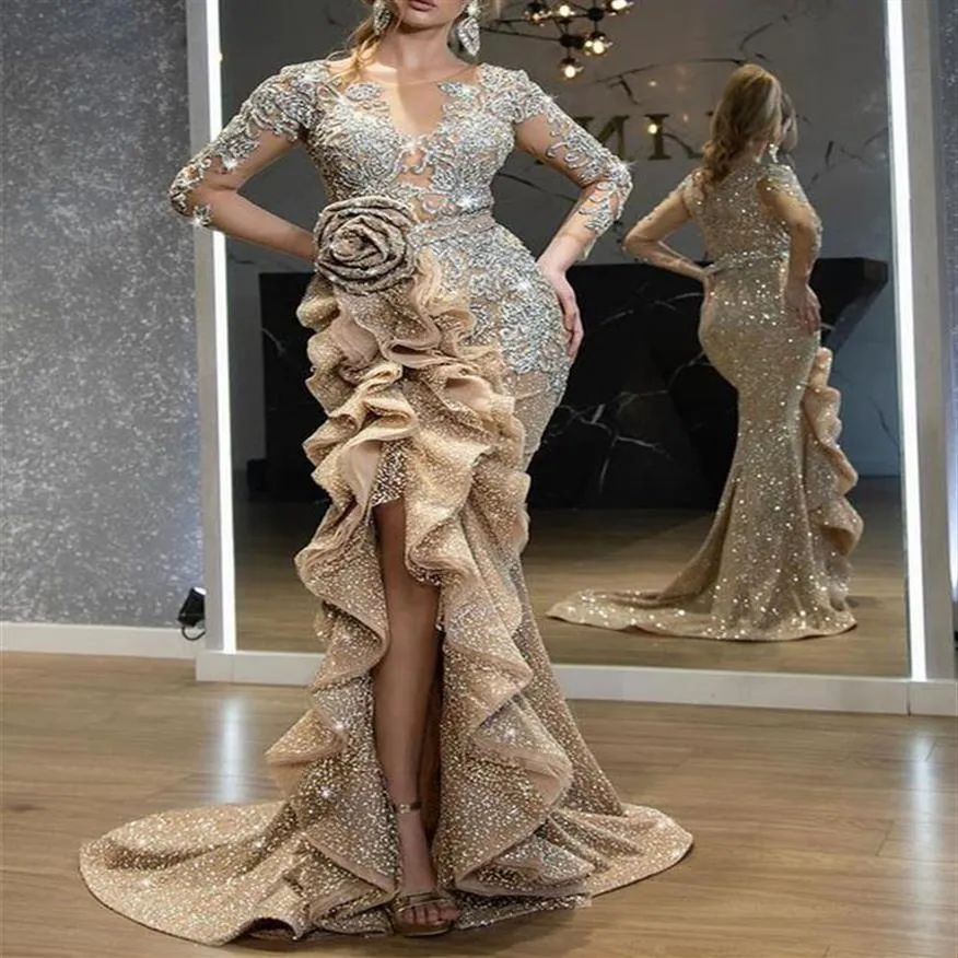 Plus Size Gold Paillettes Sirène Robes De Bal Élégantes Manches Longues Robes De Soirée Hors Épaule Femmes Pas Cher Haute Split Robe Formelle 201934