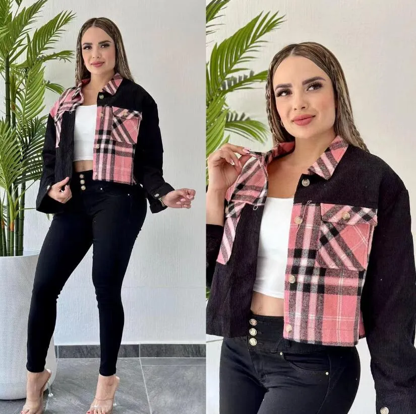 Femmes S Vestes De Luxe Designer Vêtements À Manches Longues Revers Cou Jeans Vestes Nouveau Velours Côtelé Dames Plaid Patchwork Manteau Occasionnel Classique