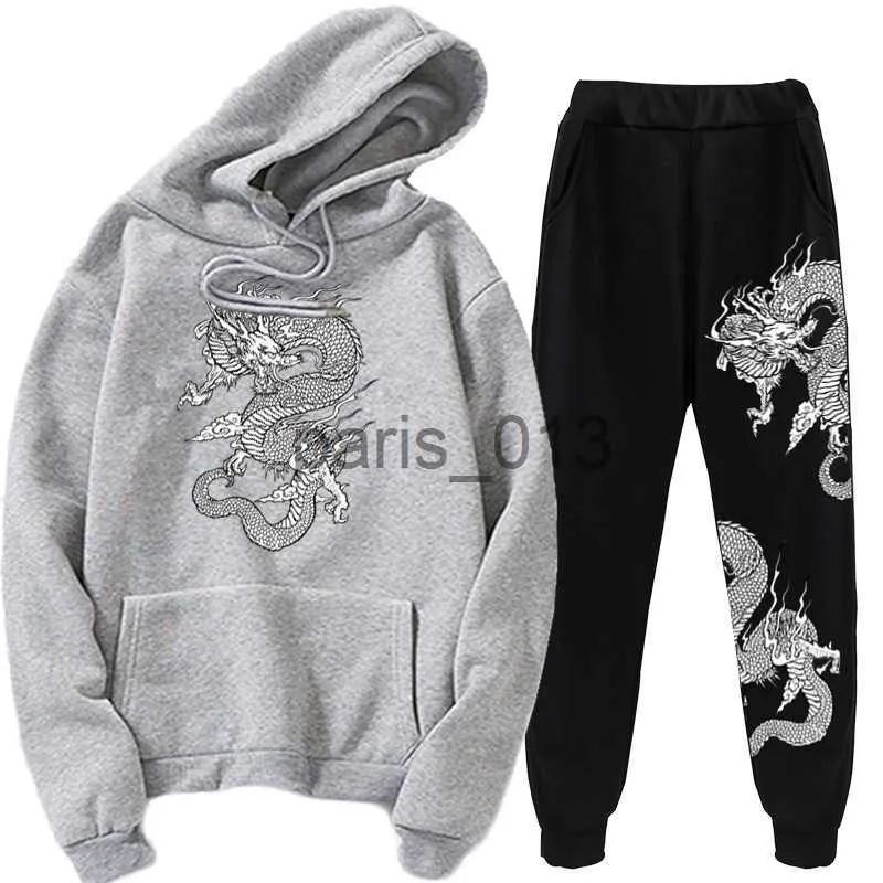 Survêtements pour hommes Vente de bonnes affaires Retro Dragon Clouds Survêtements Deux pièces Ensemble polaire à capuche surdimensionnée Sweat-shirt Pantalon Costume Hiver Tenues décontractées x0926