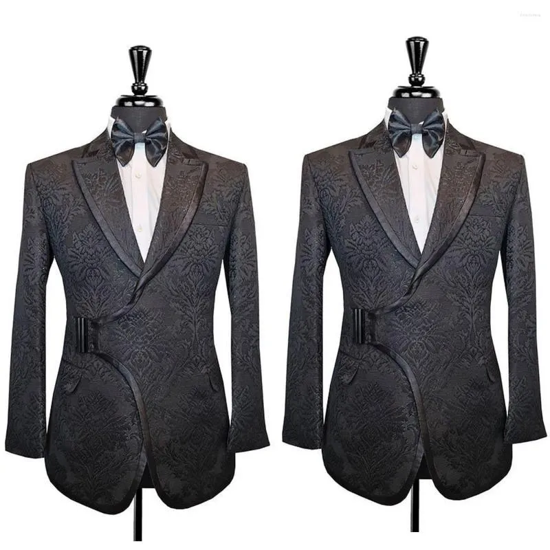 Trajes de hombre a medida de una pieza Jacquard Blazer esmoquin solapa en pico con cinturón de lujo Slim Fit boda hecho a medida de talla grande