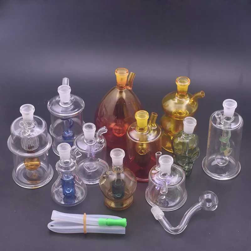 5pcs Set Narguilé Mini Bong En Verre Tuyaux D'eau Recycleur En Verre Enivrant Fumer Cendrier Bongs Tuyau Émoussé Plate-forme D'huile À Main avec Tuyau Et Tuyau De Brûleur À Huile En Verre Mâle De 10 Mm