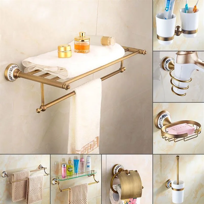 Европейский антикварный резной набор аксессуаров для ванной комнаты, вешалка для полотенец для душа, настенный держатель для зубных щеток, металлическая мыльница, керамика LJ201211294h