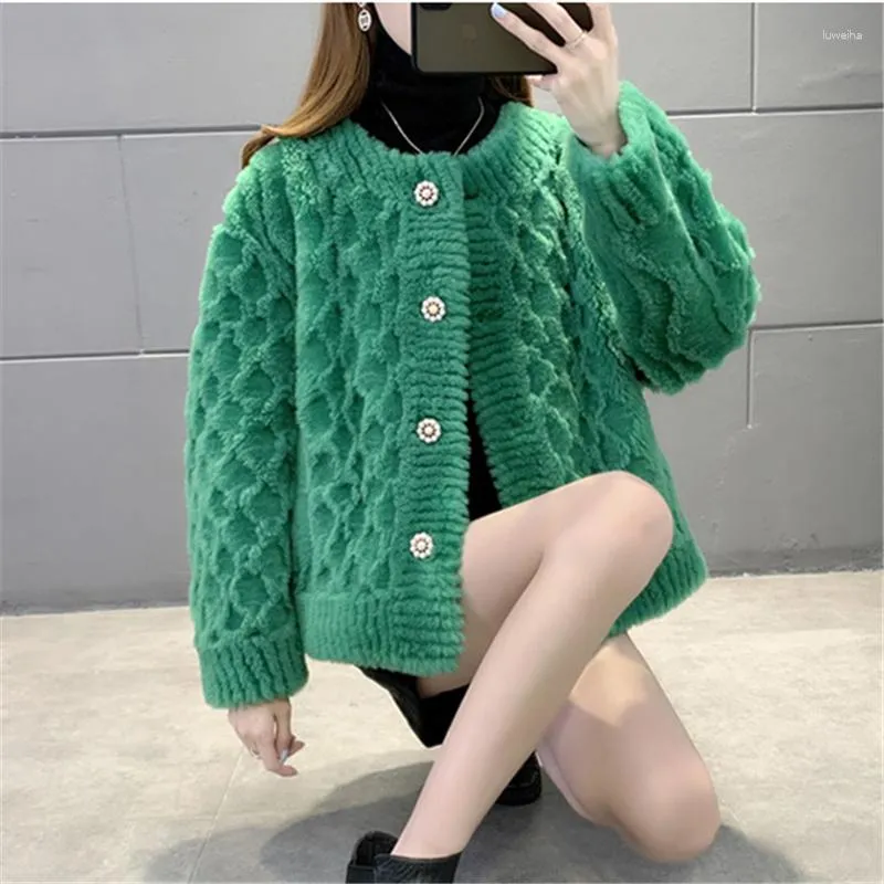 Women's Fur Autumn Winter Fashion Short Style Single Breasted Round Neck Sheep Cut Fleece Pellet Integrated Warm Coat For Women