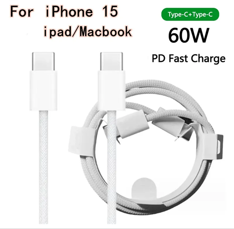 60W PD Type-C till C-kabel för iPhone 15 MacBook Pro iPad Pro Fast Charging Cables för Samsung Xiaomi Huawei Data 1m Tyrtyp C Bästa kvalitet med låda