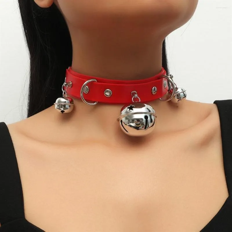 Adjustable Leather Bell Choker Collar Necklace with Punk Bell Design for Women