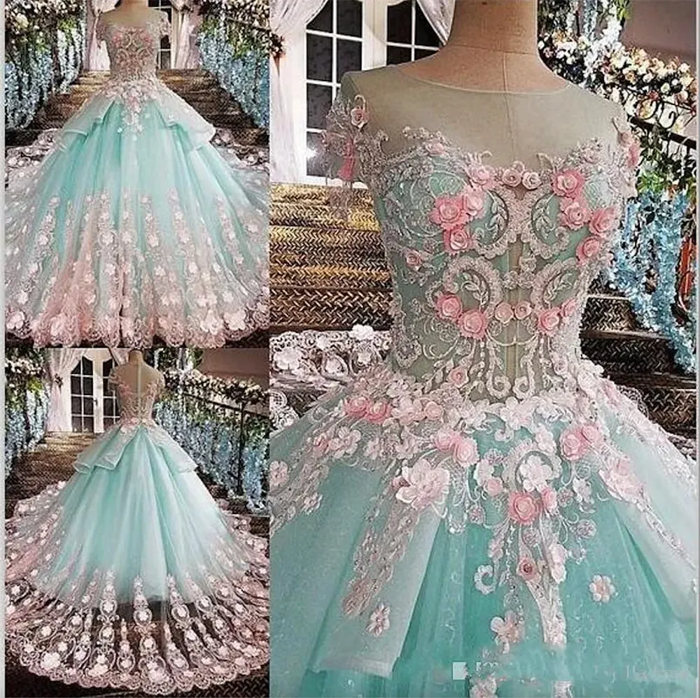 Mint Green Quinceanera Sukienki 3D Kwique aplikacje haftowe z koralikami warstwy Princess Sweet 15 16 Kotek balowy sukces balowy