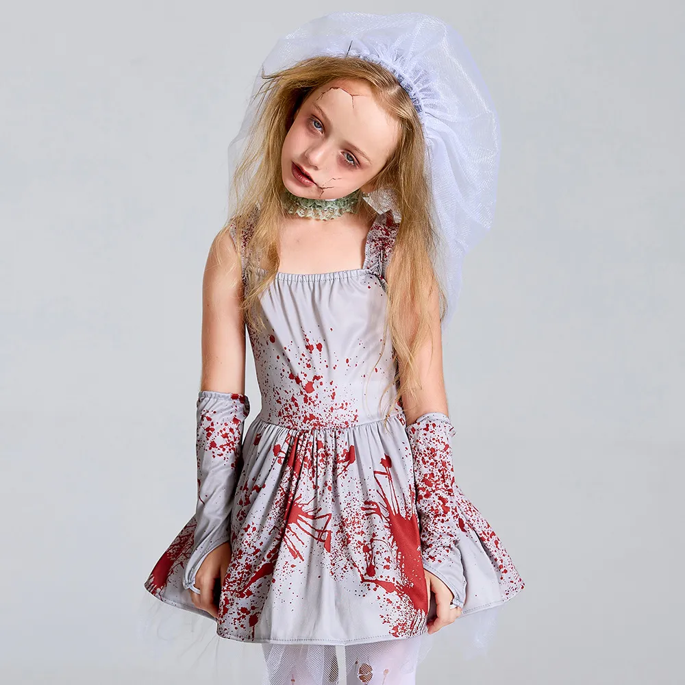 Costume di Halloween per bambini Abito da ballo in maschera da sposa fantasma macchiato di sangue grigio spaventoso per adulti con gonna con pomello allacciato alla caviglia