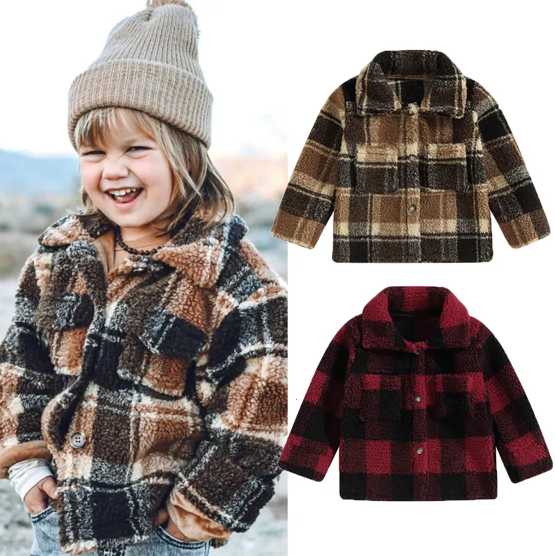 Manteau focus norm 16 ans automne hiver enfants filles veste vêtements d'extérieur 2 couleurs Plaid à manches longues simple boutonnage fourrure floue 231024