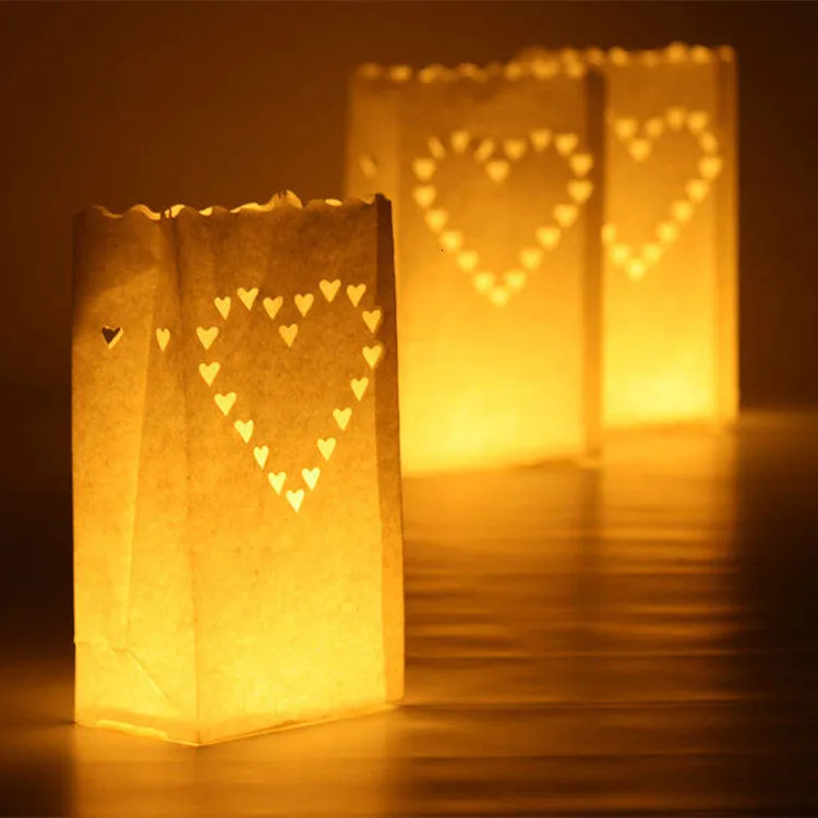 Outros suprimentos para festas de eventos 20 unidades / lote Suporte de luz de chá em forma de coração Luminaria Lanterna de papel Bolsa de vela para festa de Natal Decoração de casamento ao ar livre 230926