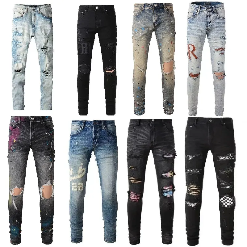 jeans de marque pour hommes jeans uomo hommes pantalons perforés broderie patchwork déchiré tendance marque moto pantalon skinny mode élastique slim fit pantalon taille 28-40