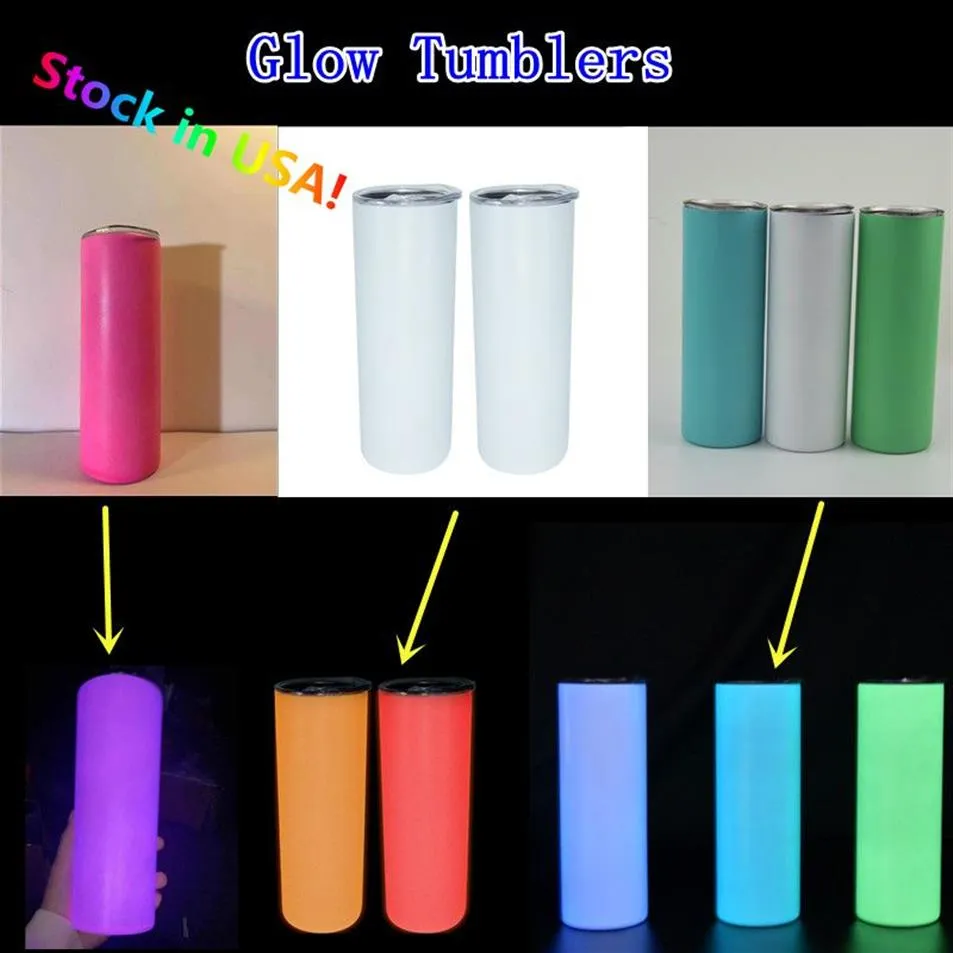 USA STOCKS Glow Tumblers Sublimación 20 oz Vaso recto recto con tapa de paja Acero inoxidable Doble pared DIY Espacios en blanco Slim Water197o