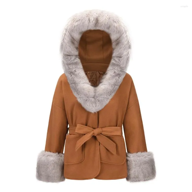 Women's Wool EUSHEY Short And Blends Fur Collar Hooded Lace-Up Jacket 2023 Thickened Warm Casual Loose Coat Female Winter Clothes