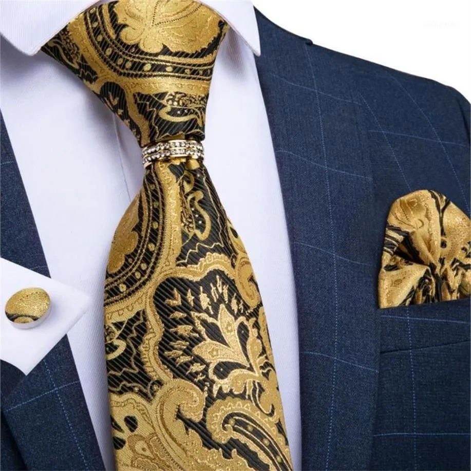 Bow Ties Men Necktie Gold Paisley Wedding Tie For Ring Silk Set Hanky Cufflinks DiBanGu Designer Business JZ03-71921291y