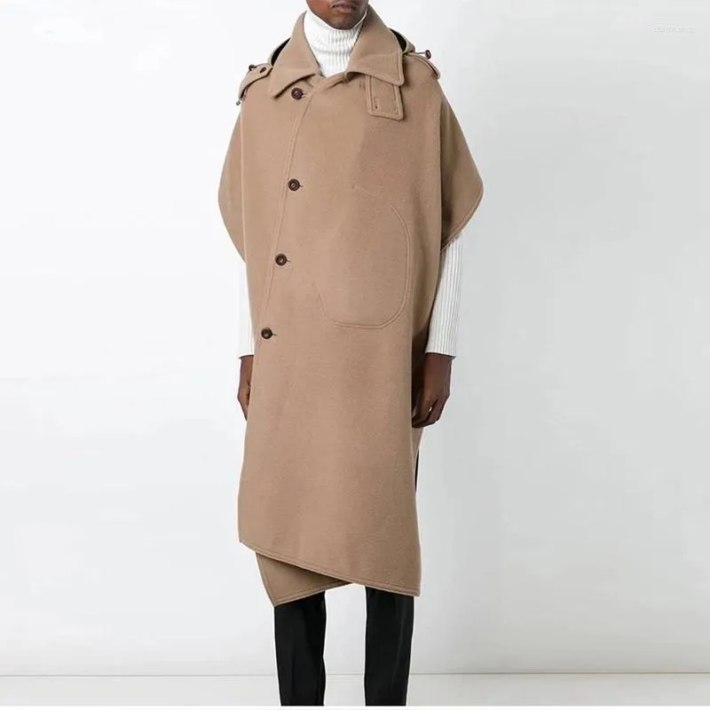 Cappotto di lana da uomo ultra lungo in lana nero kaki invernale da uomo S-4XL personalità moda bavero senza maniche