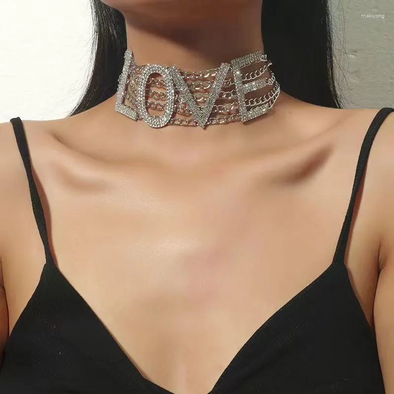 LOVE Crystal Choker Necklace - Shiny Rhinestone Statement Jewelry 