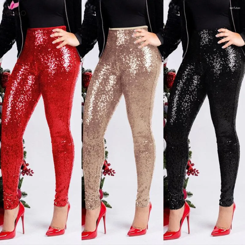 Pantalon Femme Volalo Glitter Paillettes Sexy Skinny Femmes Pantalon Push Up Taille Haute Noir Femelle Hiver Club Crayon Moulante