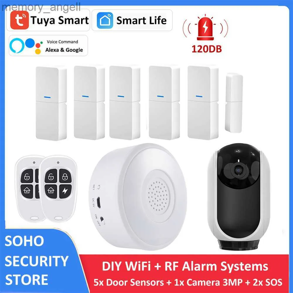 Alarm Systems Tuya Wireless DIY Smart Home Security Alarm System With Phone App Alert 9 Pieces Kit Work med Alexa för House Apartment YQ230926