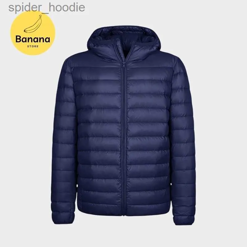 Parkas masculinas ESTILO ULTRA LEVE CURTO COM CAPUZ JAQUETA Empacotável de manga comprida Jaqueta sopradora com zíper completo L230926