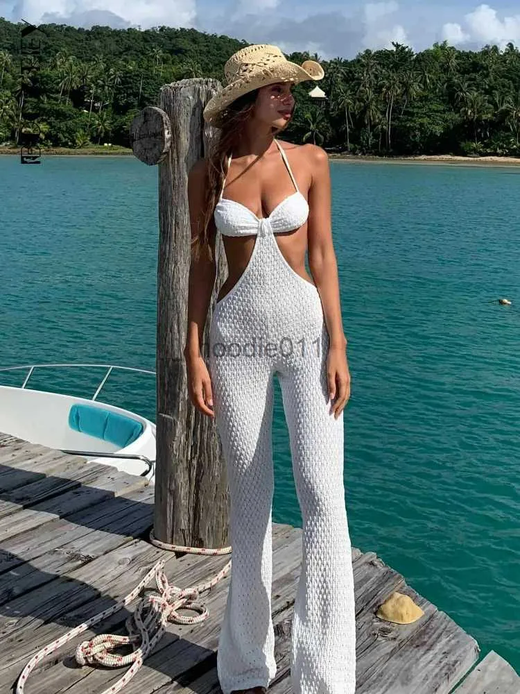 Combinaisons pour femmes Rompers Boozrey évider femmes combinaison licou cou dos nu 2022 été sans manches plage blanc ensemble sexy tenues solide streetwear l230926