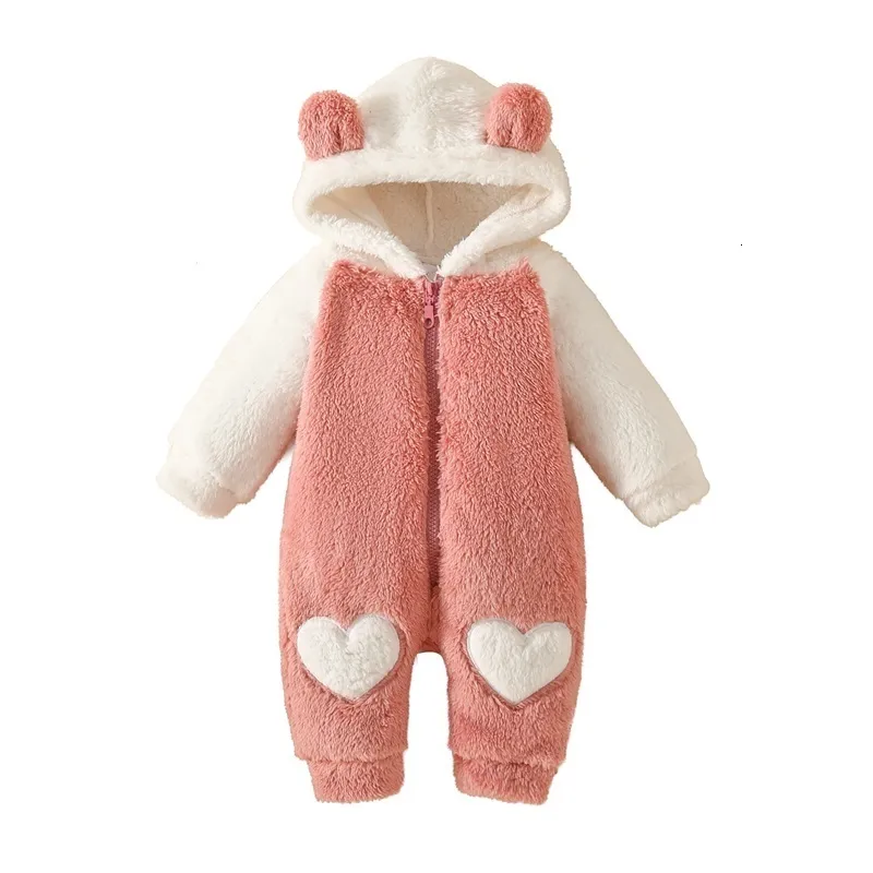 Strampler BeQeuewll Säuglingsbaby Winter Fuzzy Jumpsuit Bärenohr Schneeanzug Born Kapuzenspielanzug Warmer Mantel Langarm Verschluss Strampler 230925