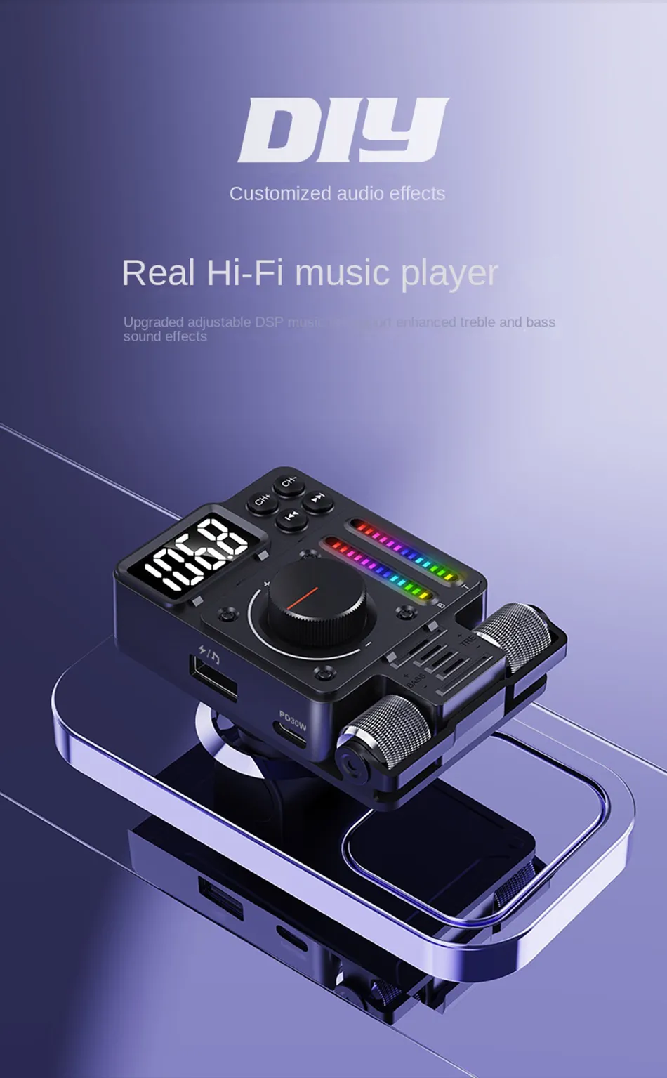 LENCENT FM Bluetooth 5.3 Transmitter For Car Adjustable Treble And Bass Sound Music Player Supports PD30W Fast Charging Car Kit - View #7