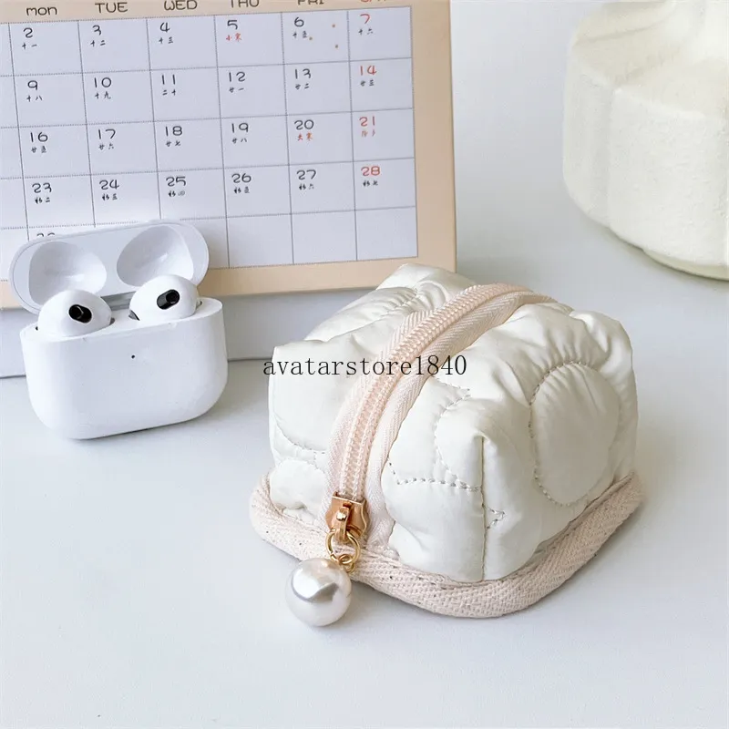 Cute Earphone Bag Pendant Mini Lipstick Storage Bag Fashion Coin Purse Multipurpose Student Wallet Square Beige Headphone Bags