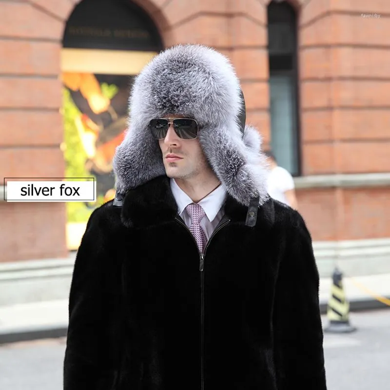 Basker vinter varma mäns riktiga silver päls bombplan hatt tvättbjörn ushanka cap trapper ryska man skid hattar mössor läder