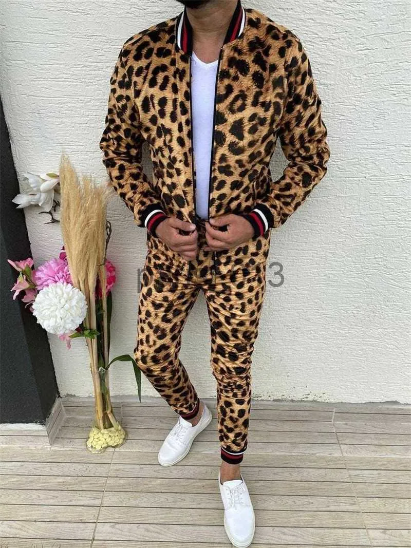 Tracksuits masculinos novo homem tracksuit define outono leopardo 3d impressão zíper jaquetas esporte jogger ginásio terno masculino cavalheiros casual moda homens roupas x0926
